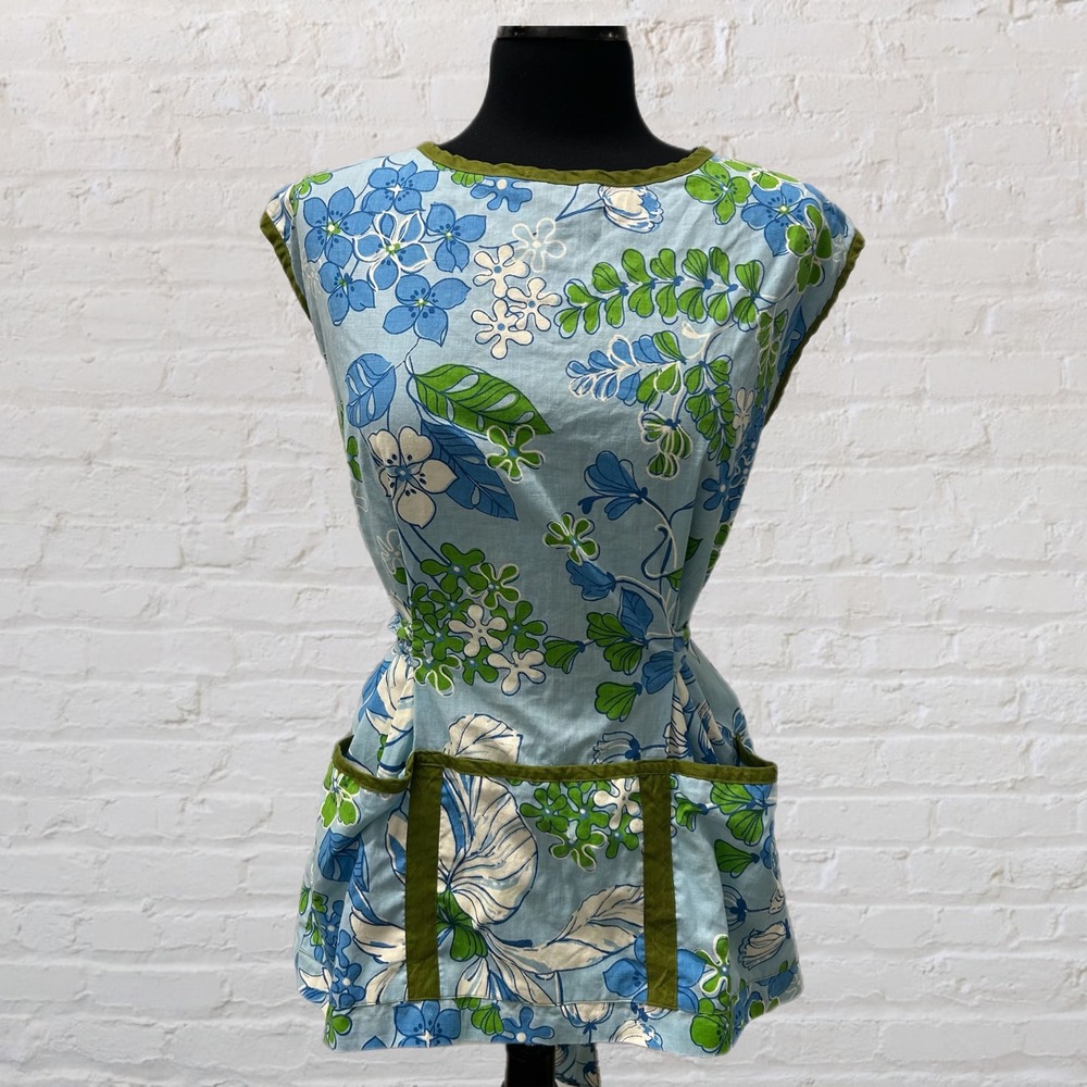 Vintage Floral Blue Green Multi Pocket Apron Cover Top Handmade Tie back